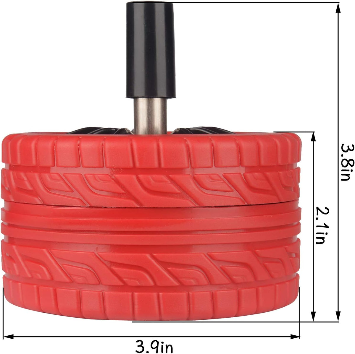ONE250 Round Car Tire Shape Push Down Stainless Steel Modern Tabletop Cigarette Ashtray with Spinning Tray, Cigarette Ashtray for Indoor or Outdoor Use (Red, Black Wheel Rim)