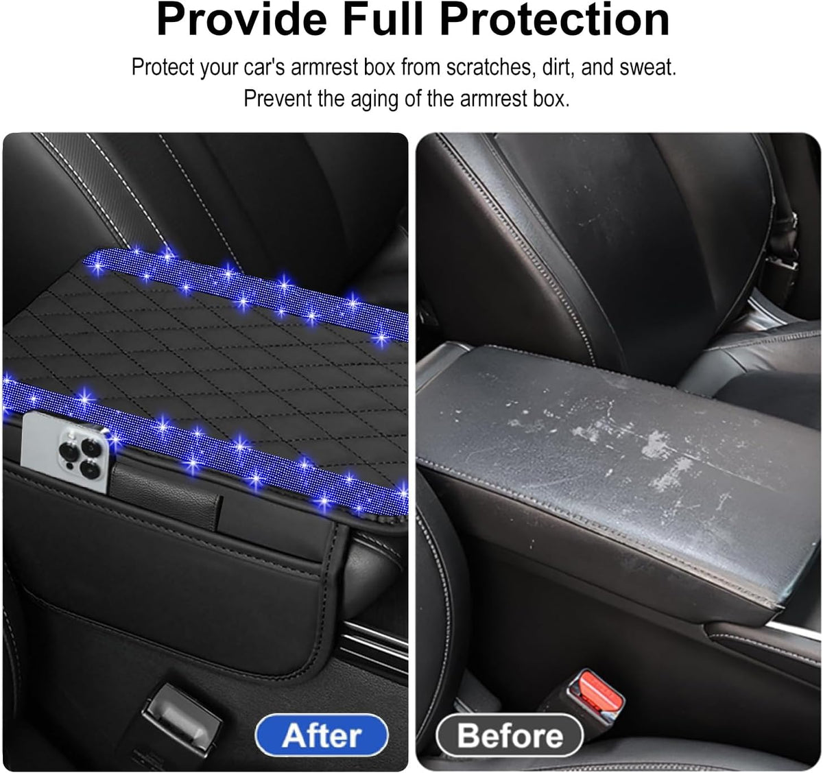 NBTEPEM Bling Car Center Console Cover, Leather Car Arm Rest Cover Cushion with 2 Storage Bags, Middle Console Cover Universal Armrest Protector Pads, Bling Accessories for Most Vehicles (Blue)