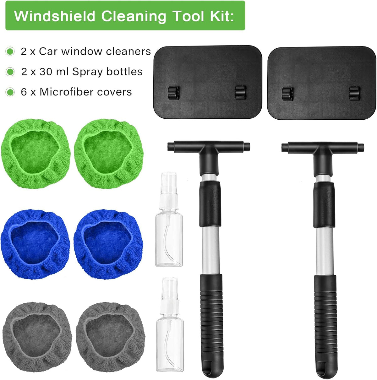 Tallew 2 Sets Windshield Cleaner Tool Car Window Cleaning Wash Kit with Detachable Handle 6 Microfiber Pads and 2 Spray Bottles Inside Windshield Cleaner Tool for Auto Glass Cleaning