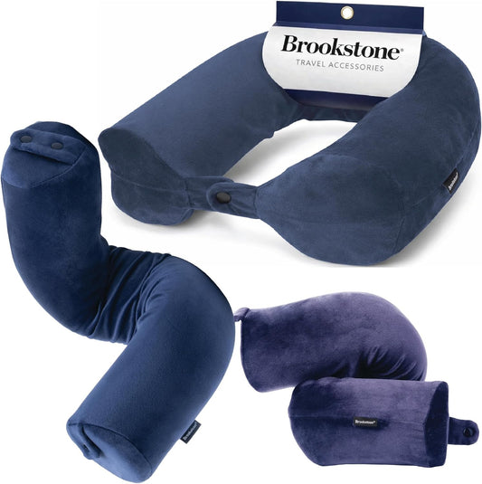 Brookstone Free Form Travel Pillow - Lightweight Flexible Memory Foam Travel Neck Pillow for Sleeping, Car, Airplane & Travel Support, Blue