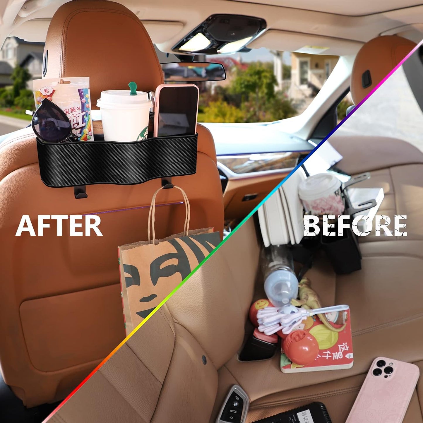 Backseat Car Organizer with Cup Holder - Multifunctional Back Seat Car Organizer with Two Seat Hooks, Fits Most Cars, Can Hold Snacks, Canned Drinks & Phones, Perfect for Travel