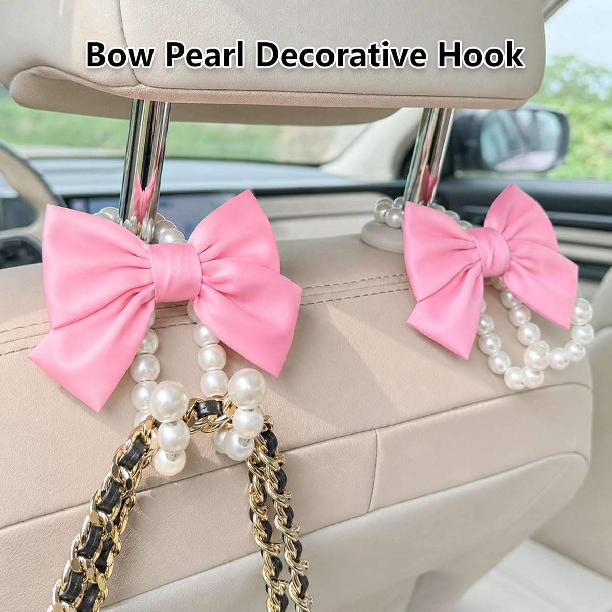 4 Pcs Satin Bow Pearl Car Seat Headrest Hook Cute Car Accessories for Women Coquette Bowknot Vehicle Hooks for Purses and Bags Universal for SUV, Sedan, Truck (Pink)