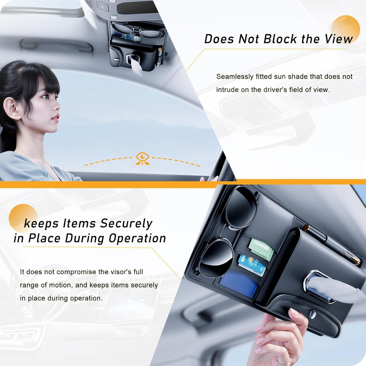 Tumecos Car Sun Visor Organizer with Tissue Holder, Auto Consoles Organizer with Sunglass Clip,Multi-Pocket Visor Accessories for Truck, SUV，Card/Pen/Driver's License Storage