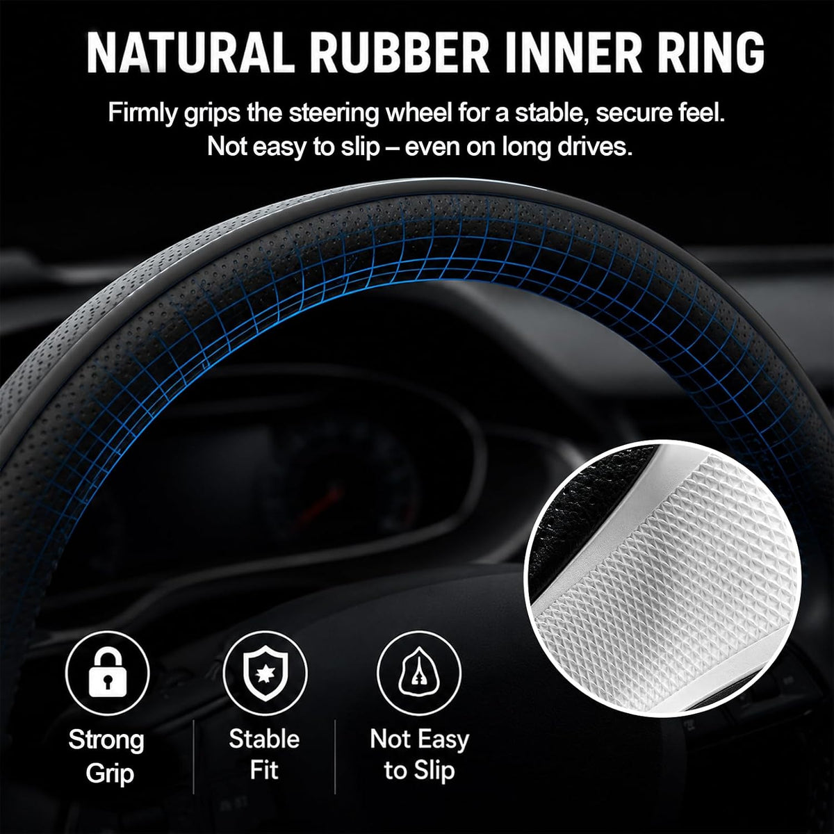 Car Steering Wheel Cover Full Surround - Soft Breathable Anti-Slip Heavyweight Safety Cover, Thick Cushioned Sports Style Universal Fit for Auto Truck SUV (Black)
