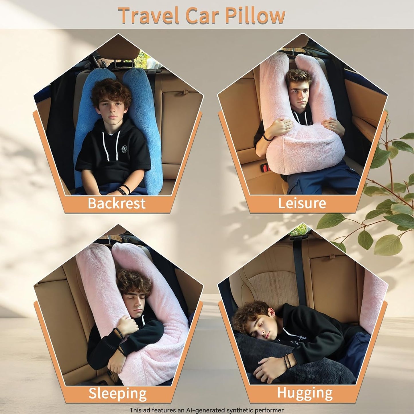 Car Pillow for Kids & Adults, U-Shaped Soft Car Travel Pillow for Sleeping, Head & Neck Support Pillow for Car Seat, Ideal for Road Trips and Long Car Rides, Pink