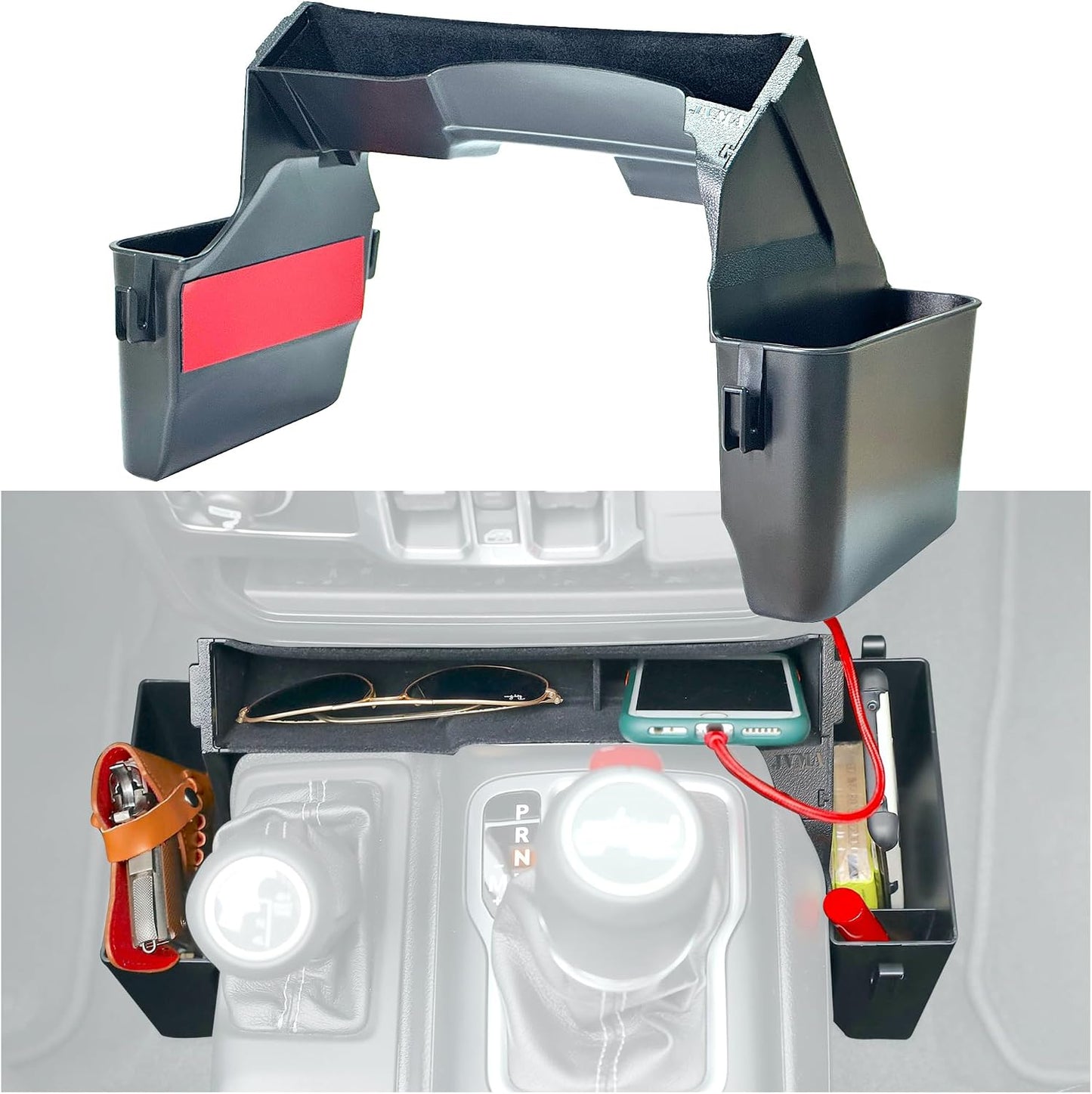 JVMA 4 Hooks Center Console Organizer Gear Shift Tray 3 PCS All Lined | for Jeep Wrangler JL JLU 4xe 2026 2025-2018 & Jeep Gladiator JT 2026-2020 Rubicon Sahara Interior Accessories Upgrade Patent