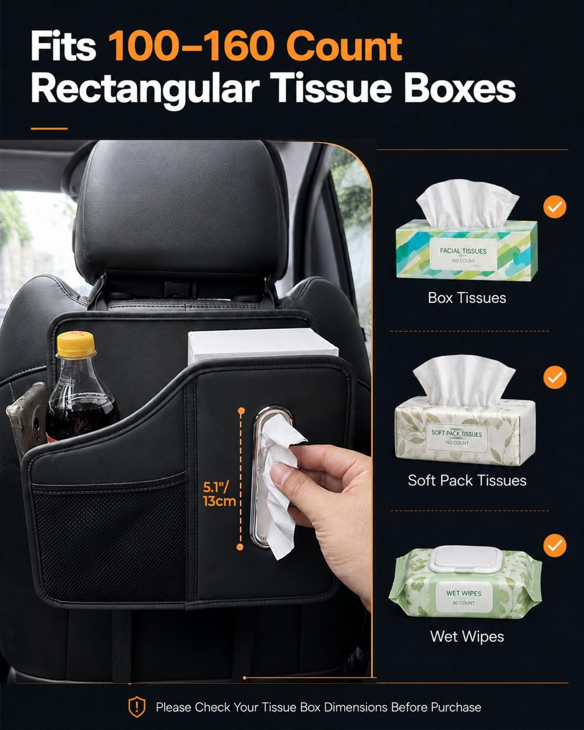 Car Tissue Holder, Leather Back Seat Organizer with Cup Holder & 2 Hooks