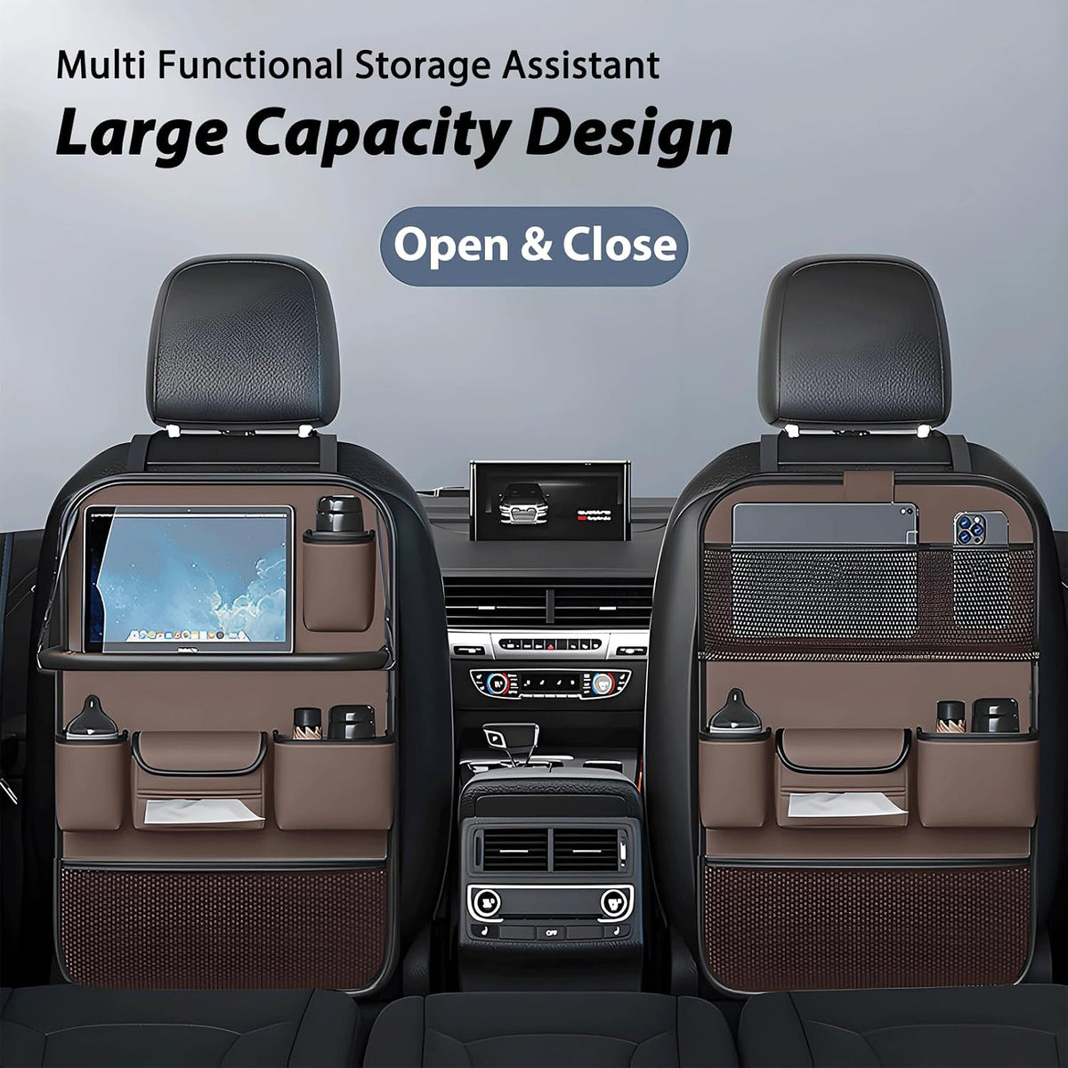 2 Pack Universal Foldable Car Backseat Organizer with Table Tray, Car Seat Back Protector with Touch Screen Phone Holder, Premium Leather Kick Mats with Storage Pockets Tissue Holder (Brown)