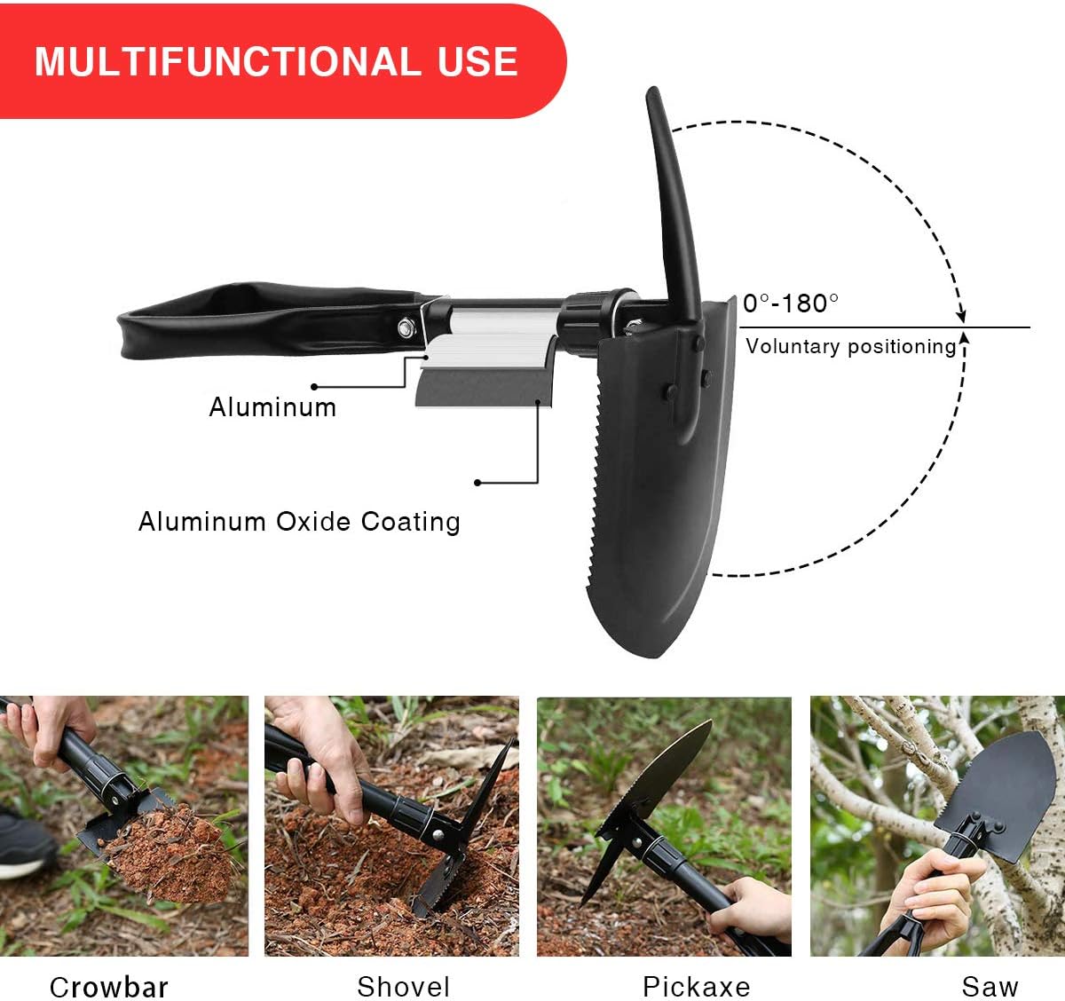 24.5" Collapsible Shovel, Heavy Duty Foldable Shovel, Camping Shovel and Pickax, Military Entrenching Tool for Gardening, Camping, Mud&Snow, Off Road, Portable Car Emergency kit
