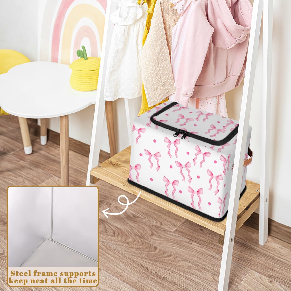 Storage Bins With Zipper Lid, Collapsible Trunk Organizer, Car Organizers and Storage Bins with Lids, Decorative Storage Boxes with Handle, Home Storage Baskets for Organizing (Pink Bow Ribbon)