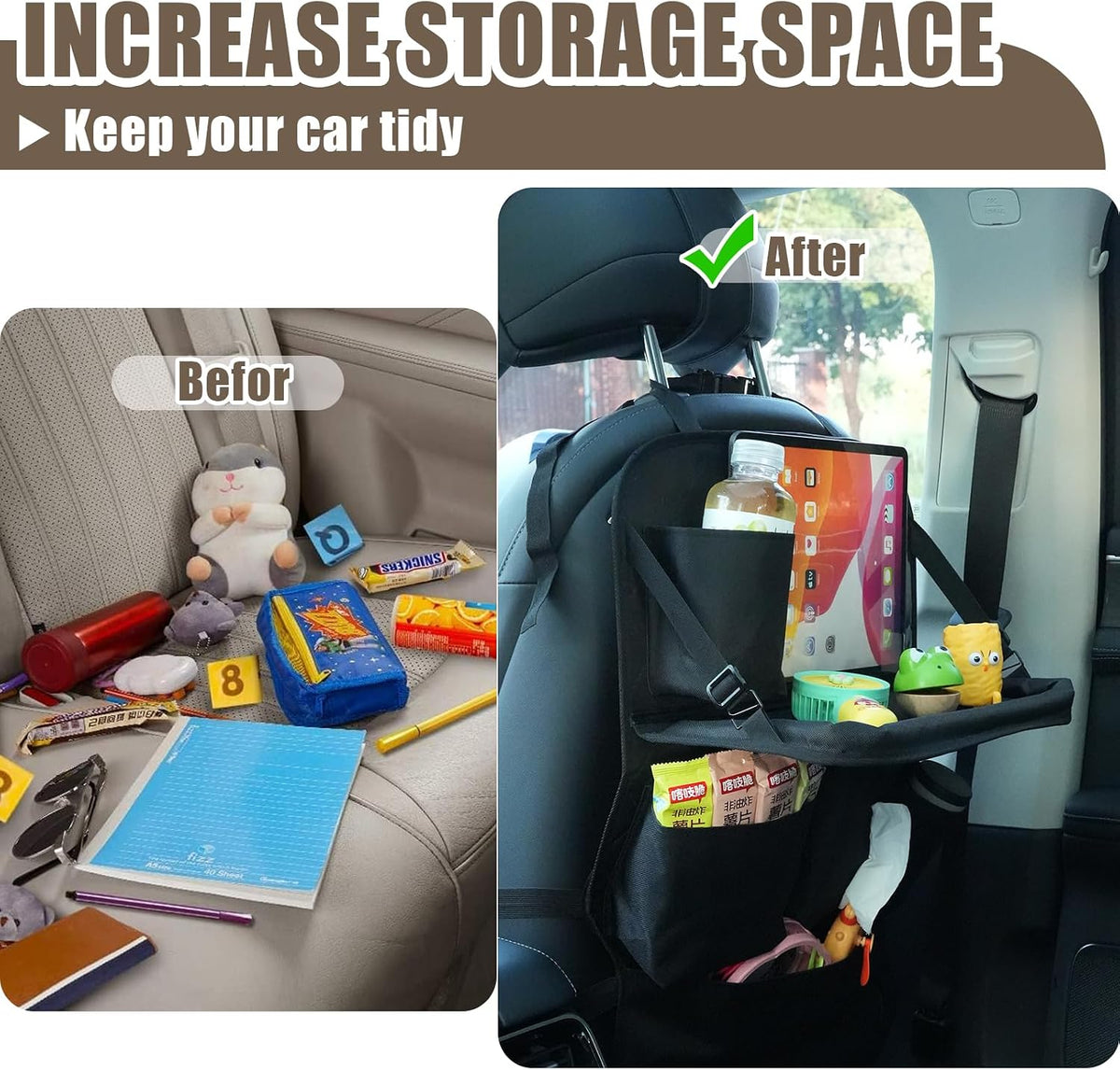 XDV Car Seat Organizers,Multi-functional Back Seat Protectors, Storage Pouches, Child kicking prevention and Tray Holders Kick Mats Back (for Cars, Kids,and Rear Seats) (Black, 1 Pack with Food Tray)