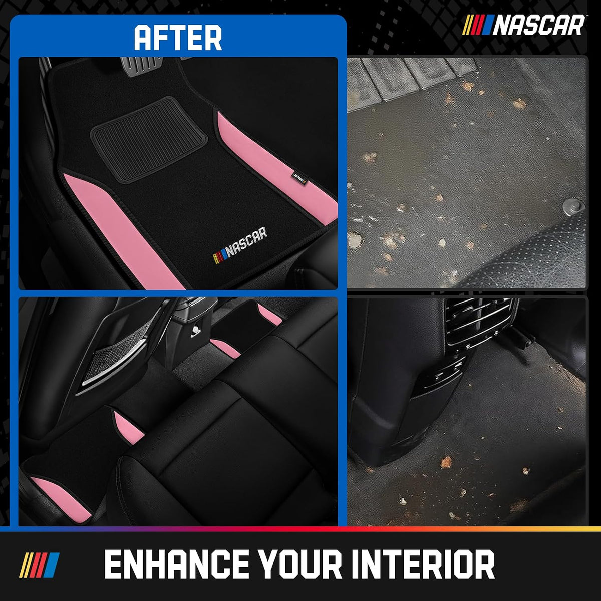 NASCAR Car Floor Mats, Carpet & Pink Leather Design Car Mats, Universal-Fit All-Weather Car Floor Mats with Built-in Heel Pad & Anti-Slip Backing, Durable Odorless Automotive Interior Accessories