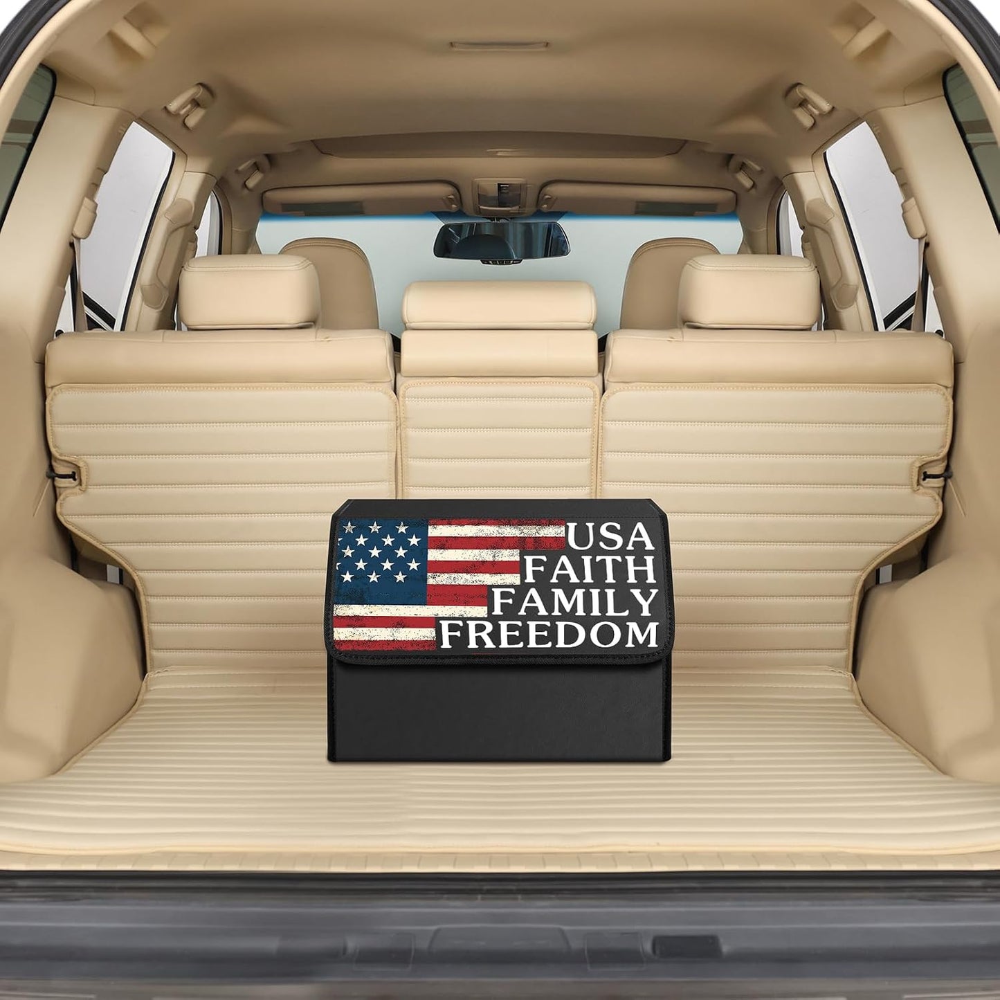 Car Trunk Organizer with Lid, Vintage American Flag USA Print Collapsible Storage Box, Waterproof PU Leather Car Cargo Storage Bin with Handle, Auto Interior Accessories for SUV Truck Vehicle
