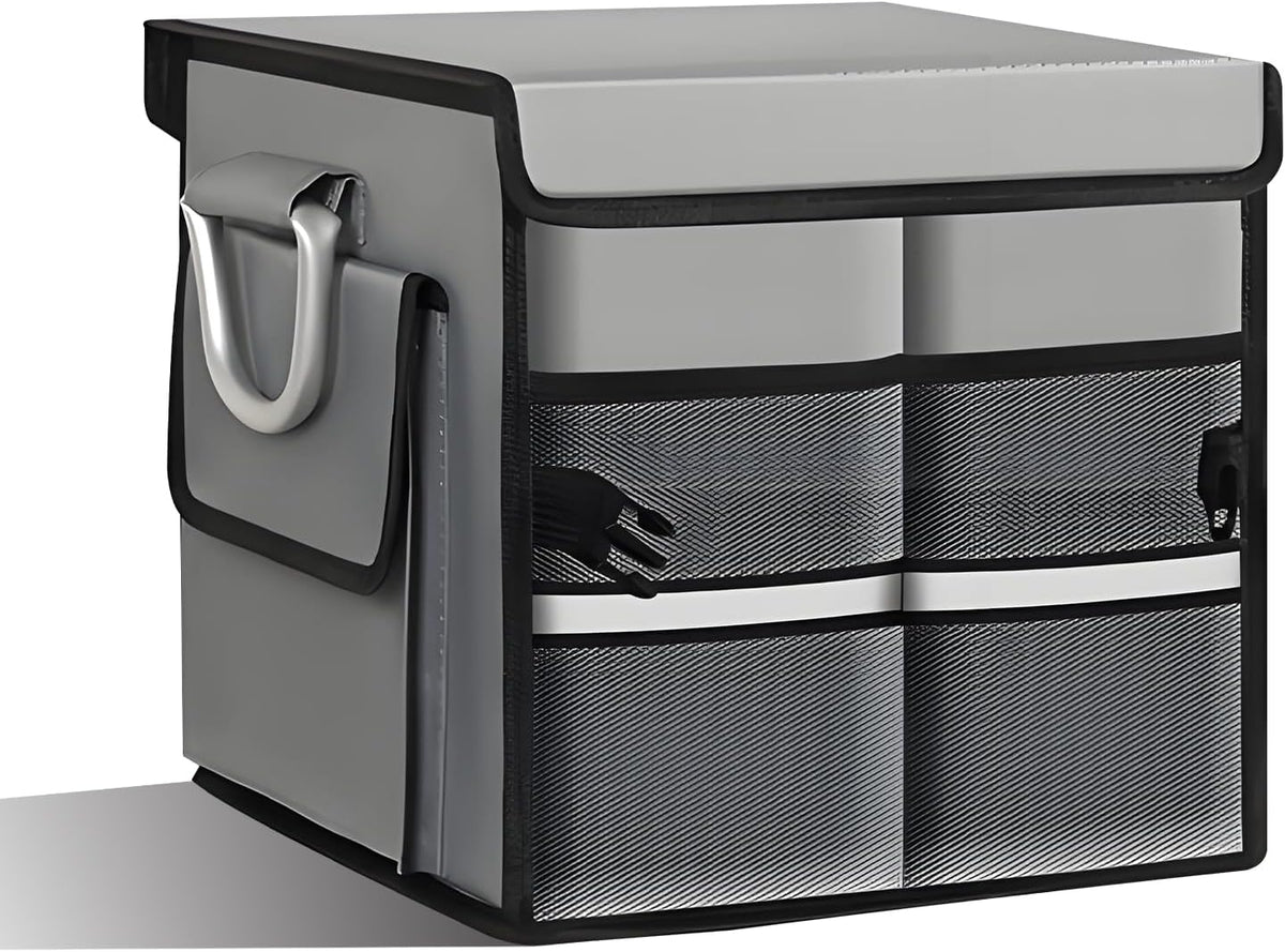 Car Trunk Organizer with Lid, 28L 2-Compartment Collapsible Trunk Cargo Storage Box, Waterproof Oxford Vehicle Backseat Storage Organizer with Base Plate & Metal Handle, Car Accessories (Gray)