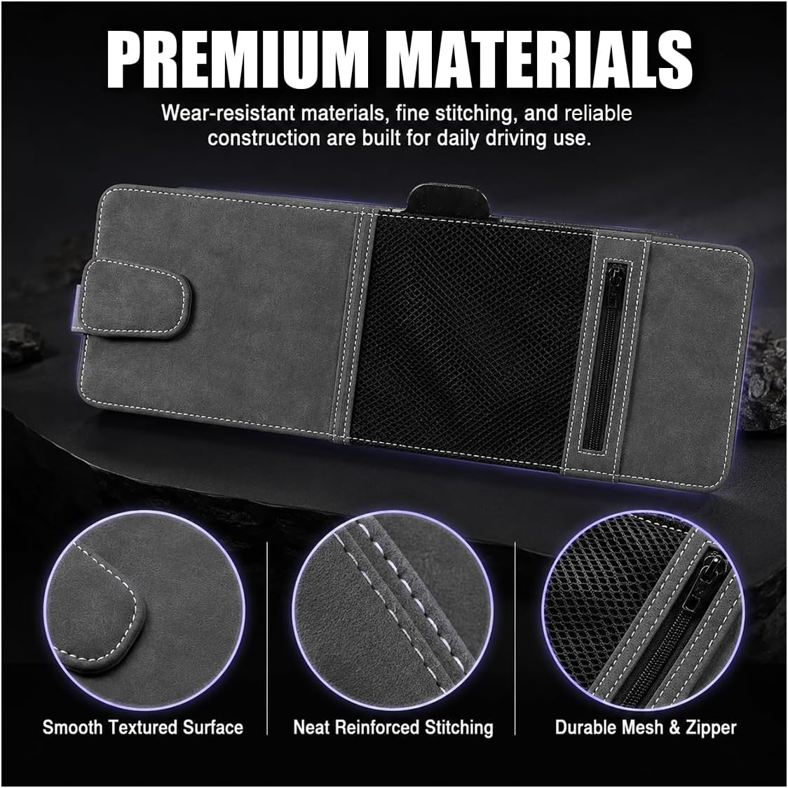 Car Sun Visor Extender, Leather Multi-Pocket Clip-On Auto Visor Organizer, Adjustable Anti-Glare Vehicle Interior Sun Blocker Attachment for Glasses, Driver's License, Ticket (Black&Grey)