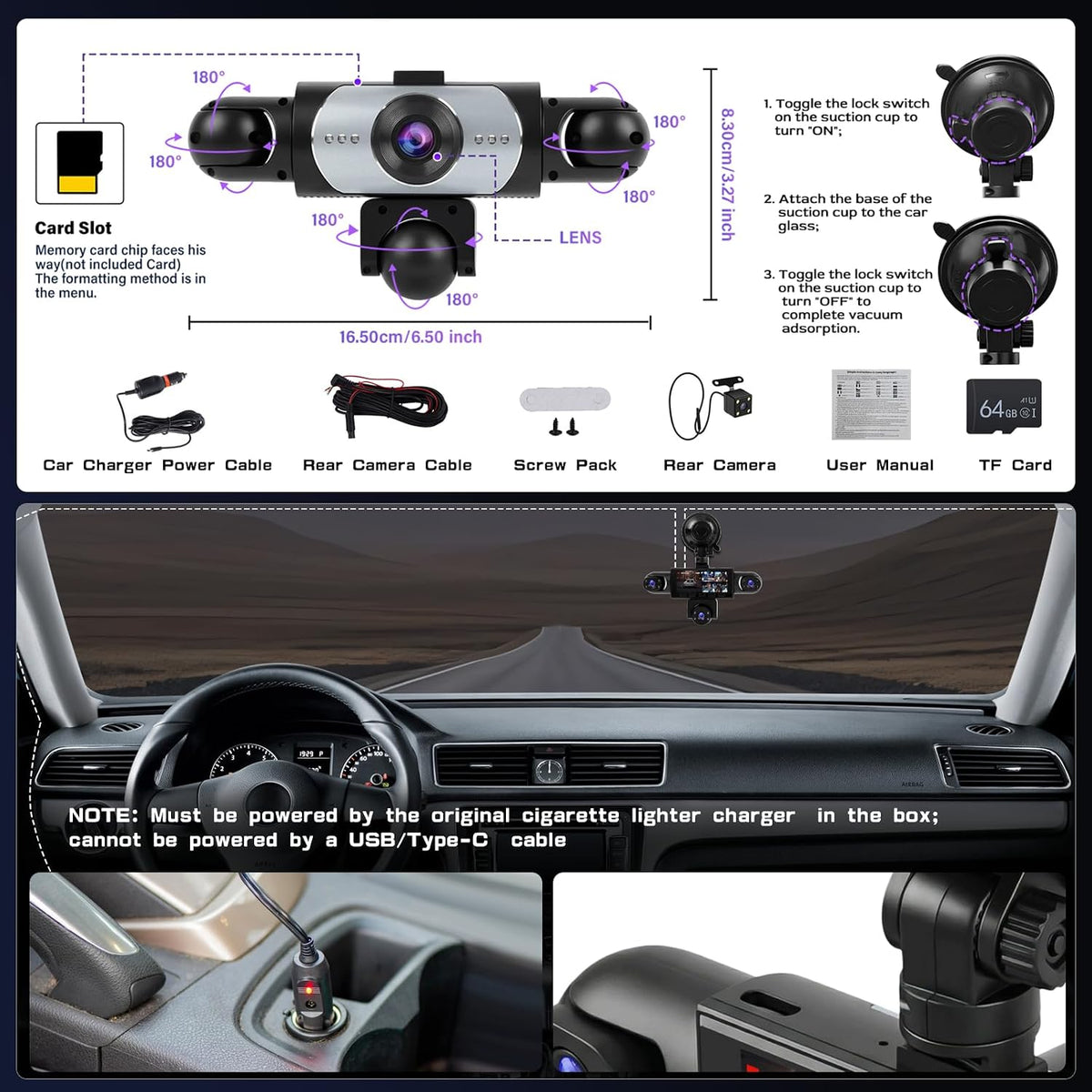 5-Channel Dash Cam Mirror, 360° Car Camera Front Rear Inside 1080P, HDR Night Vision, 24H Parking Mode, Loop Recording, Reverse Assist