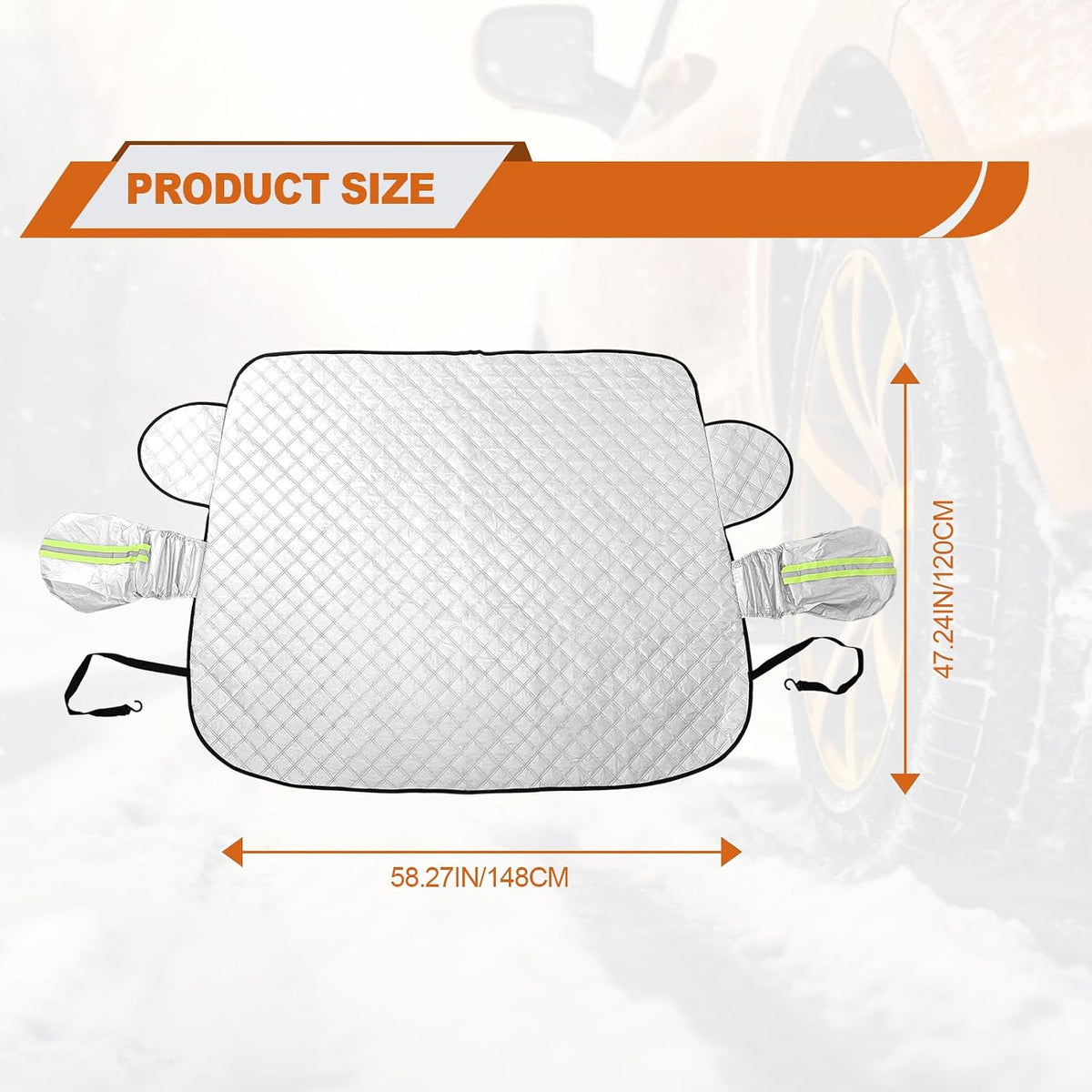 Car Windshield Snow Cover with Side Mirror and Hook, Winter Magnetic Windshield Sun Shade Foldable, Windshield Cover for Ice and Snow, Fit for Small Sedan, Compact SUV, (58"x47") Silver