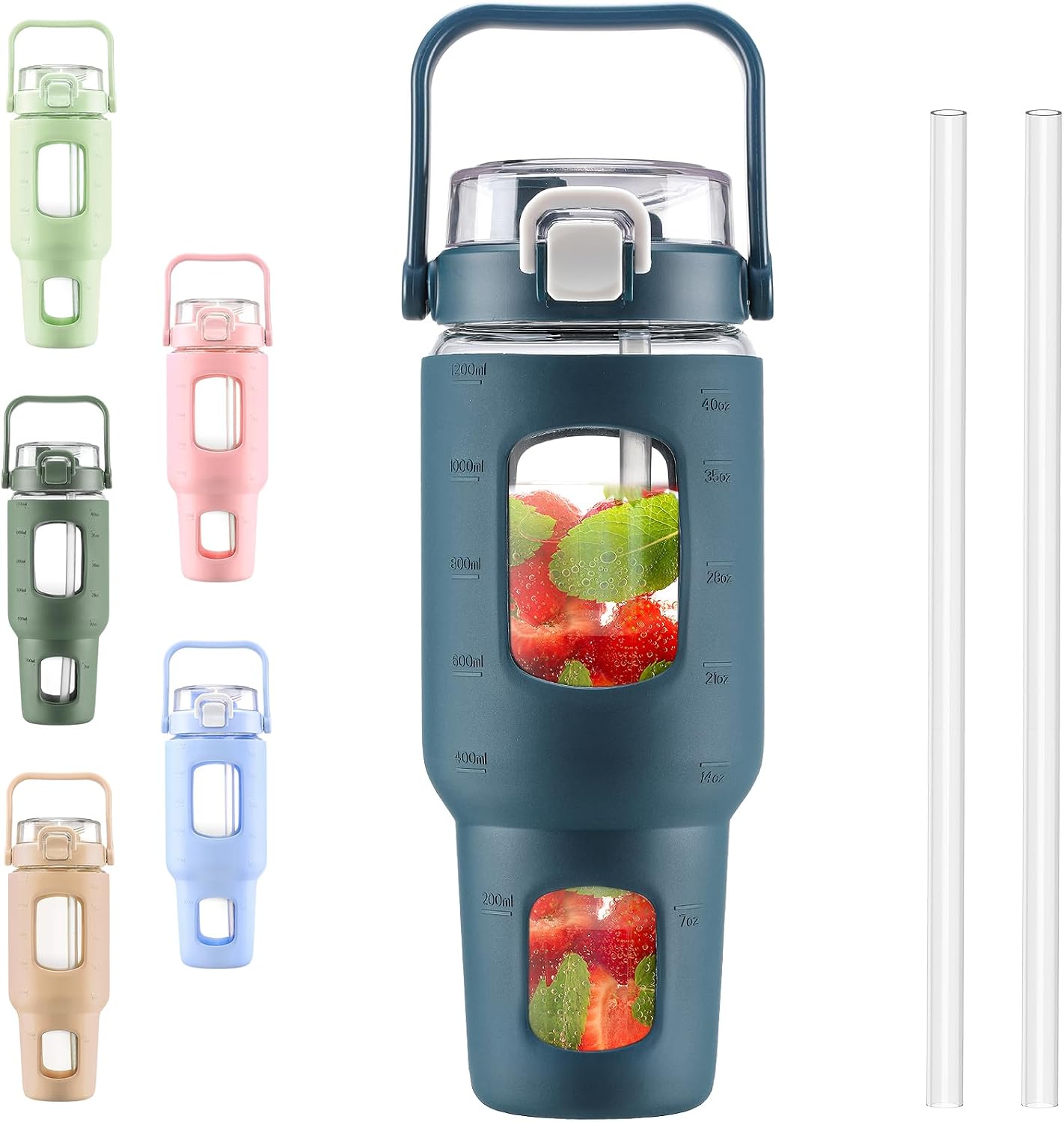 BLUEGO 40 oz Glass Water Bottles with Straw Time Marker, Glass Tumbler with Handle Top Lids, Easy to Clean, Fits in Car Cup Holder, Leakproof Jug for Gym, Sports, Workout & Daily, Dark Grey