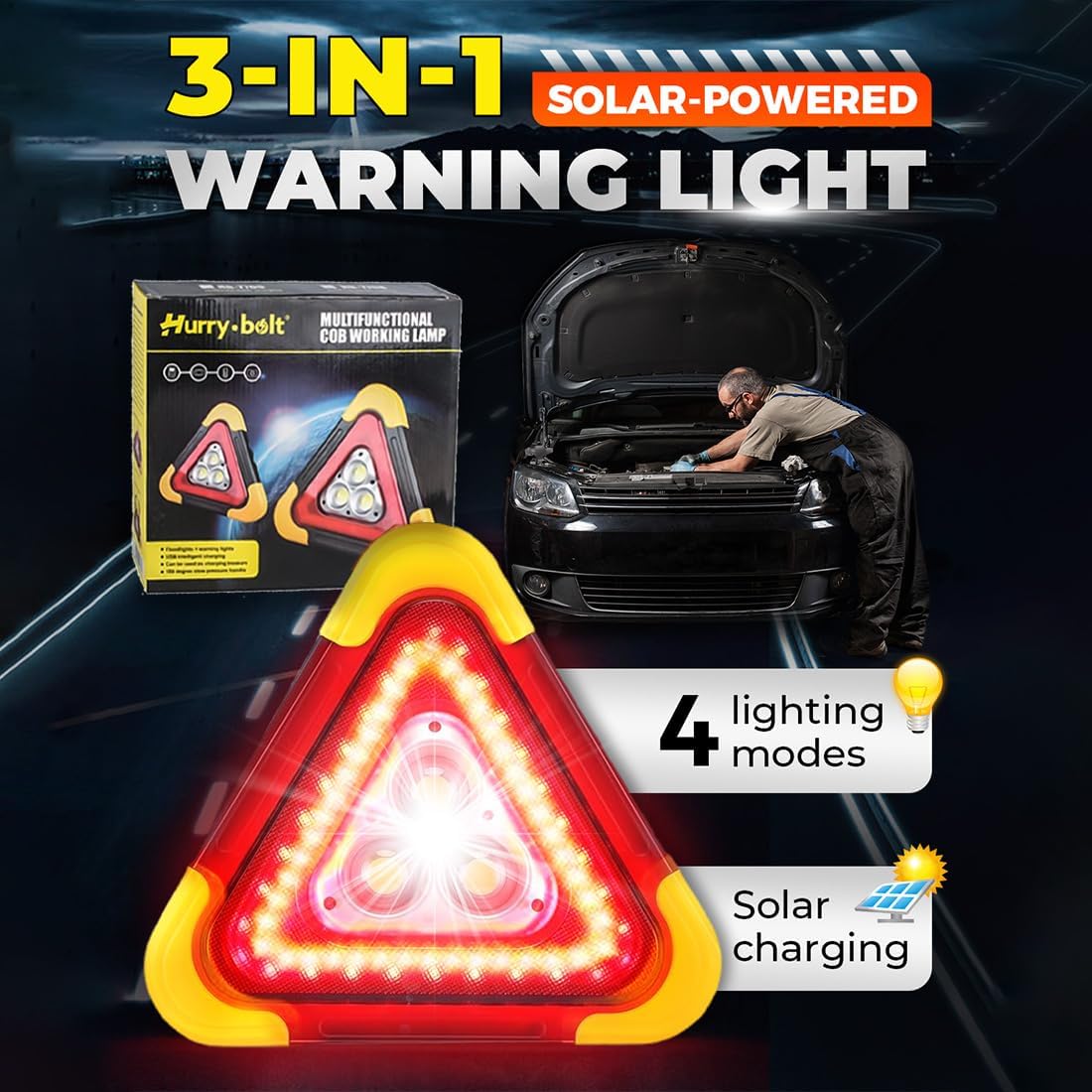 LED Emergency Triangle Warning Light, USB Rechargeable Solar Road Safety Triangles with Reflective Triangle Design, Waterproof Road Flares for Car Truck RV Breakdown Emergency (1PC)