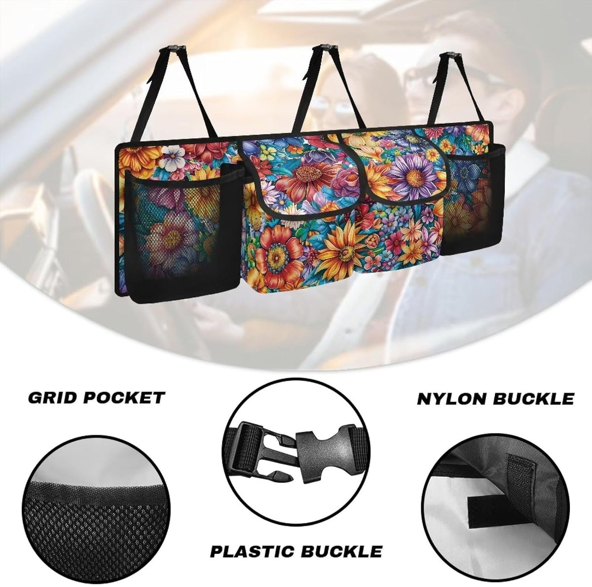 Boho Floral Flowers Backseat Trunk Organizer for Car Dahlia Hanging Cargo Bag Sturdy Trunk Storage Bag with 4 Storage Bags and 3 Adjustable Buckles