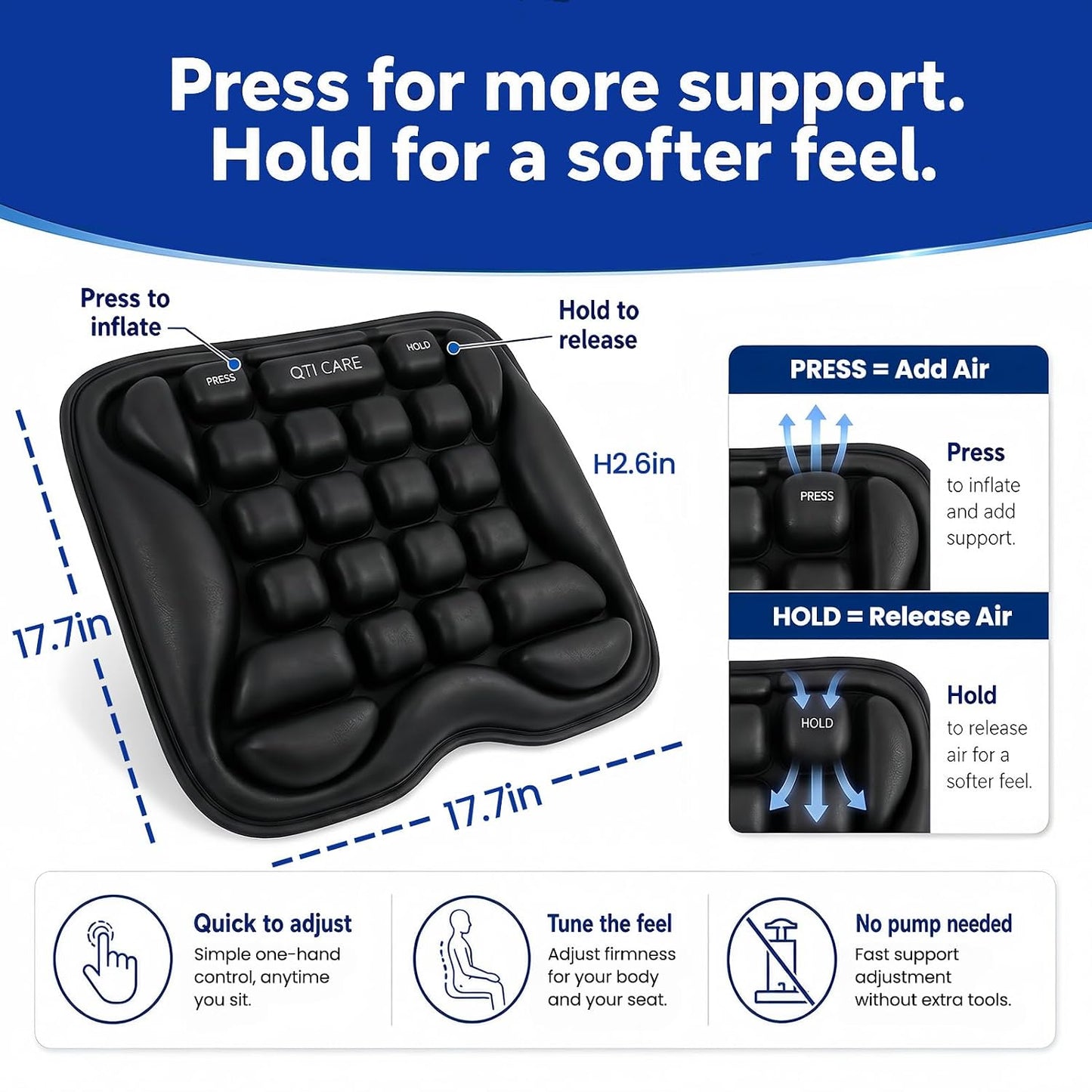 Airplane Seat Cushion, Air-Cell Travel Cushion for Long Flights, Inflatable Portable Seat Pad with Built-in Pump for Air Travel, Car, Office Chair and Wheelchair