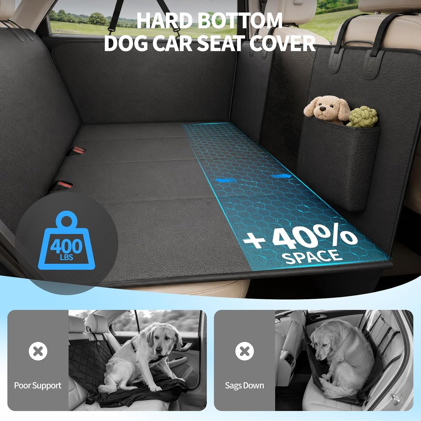 Dog Car Seat Cover for Back Seat, PU Leather Hard Bottom Back Seat Extender, Holds 400lbs, Waterproof Anti-Scratch Dog Hammock, Pet Seat Protector for Car, SUV & Small Truck