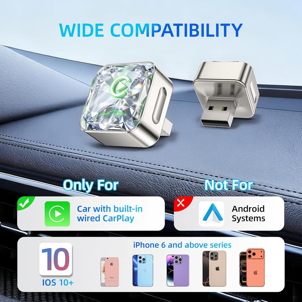 Wireless Apple CarPlay Adapter, 5.8G Quad-Core Chip No Latency, Aerospace Silicone Cooling, Zn-Alloy & Diamond Panel, Plug & Play Wired to Wireless CarPlay Adapter