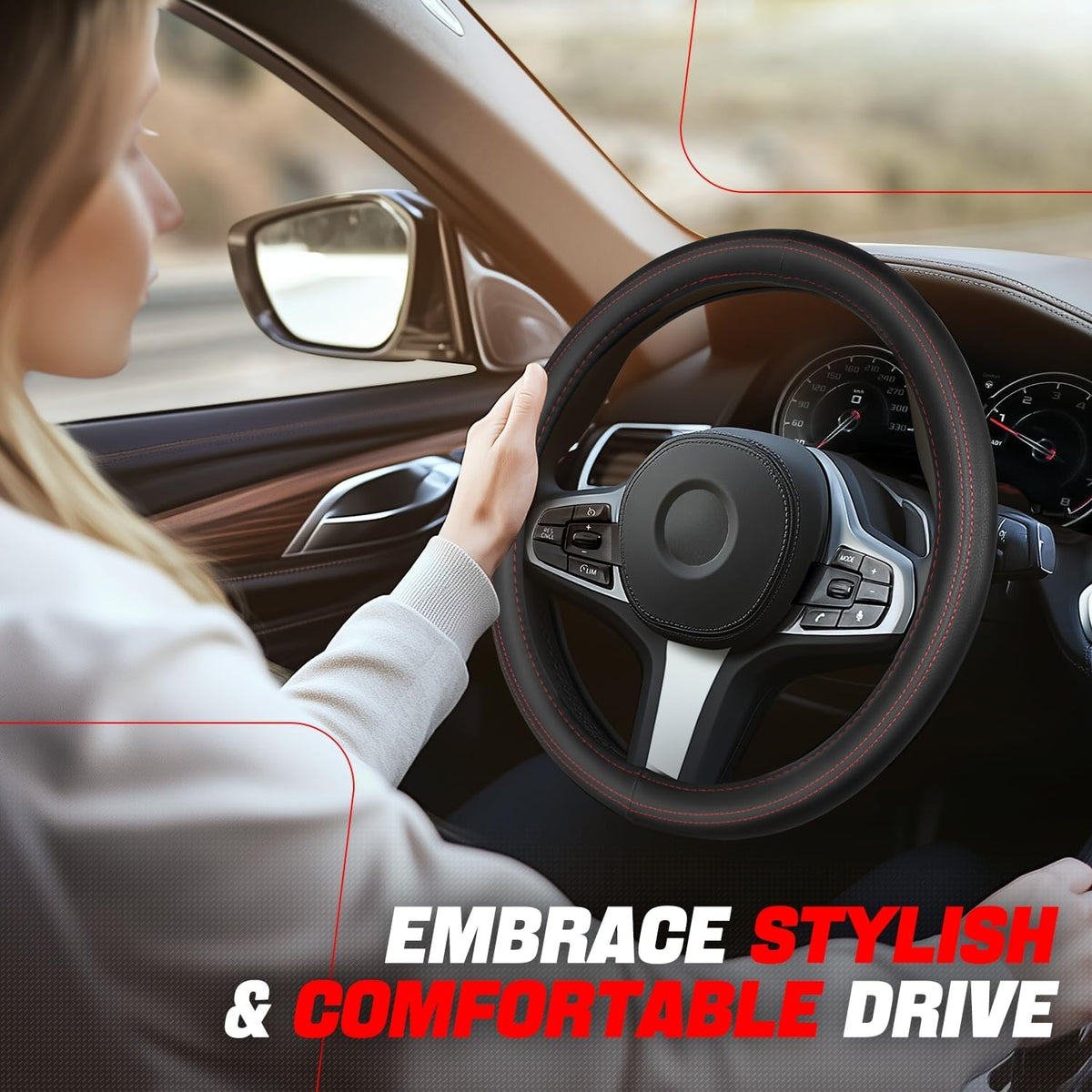 Auto Dynasty Leather Car Steering Wheel Cover Universal 14.5-15 Inch