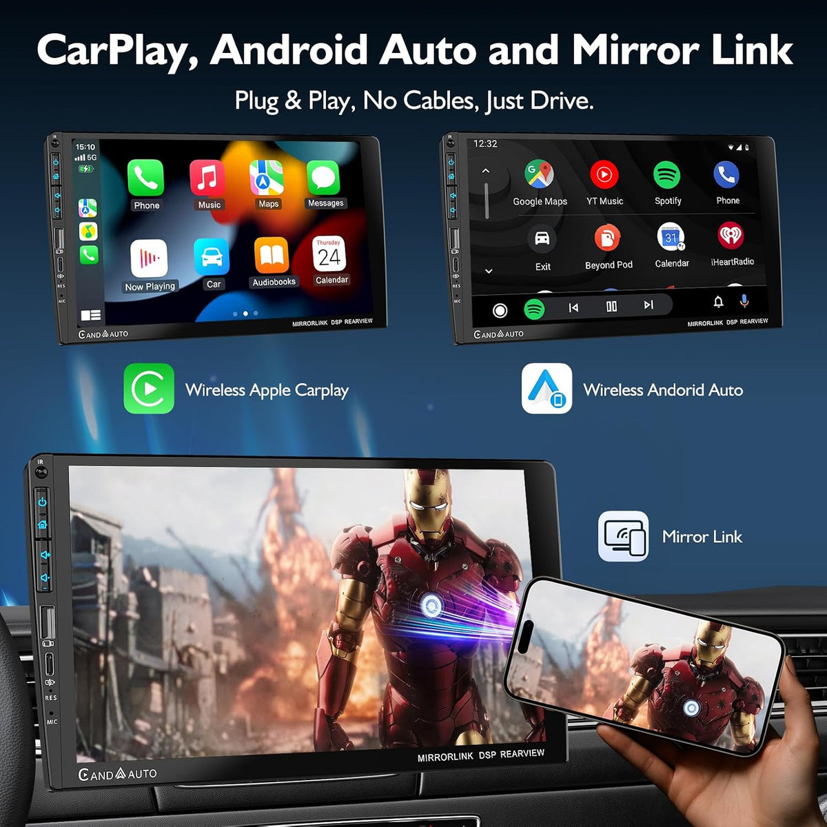 9" Single DIN Car Stereo with Wireless Apple CarPlay and Android Auto,UHD Car Radio IPS Touchscreen,1080P Back Camera,Mirror Link, Voice Control, Bluetooth 5.3,GPS,AM&FM,Type-C