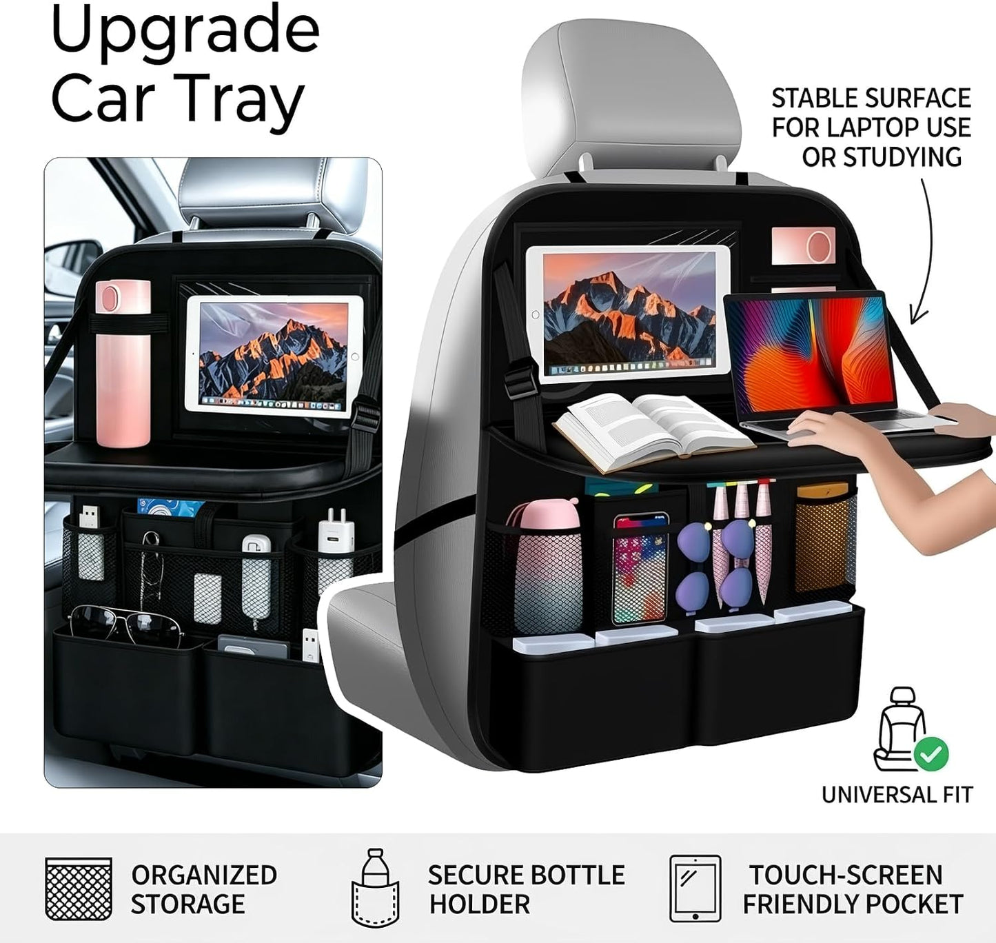 2 in 1 Hanging Backseat Car Organizer,Waterproof Back Seat Car Organizer | with Table Trays,Multifunctional Cars Seats Backs Organizers as Kick Mats Back Seat Protector for Vehicles