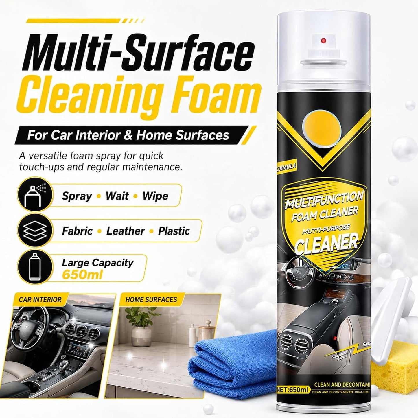 Multifunctional Foam Cleaner Spray for Car Interior & Home Surfaces, Multi-Surface Cleaning Foam for Fabric, Finished Leather, Plasticwith Sponge and Towel, 650ml (1)