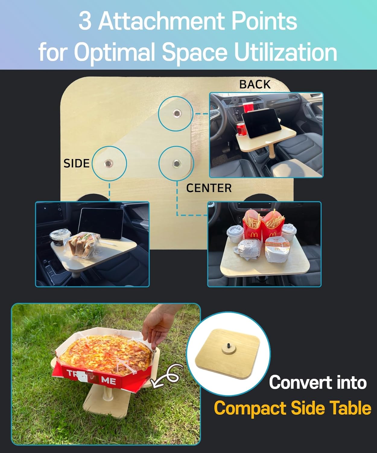 2-in-1 Drive-Thru Tray: Car Food Tray, Wood Car Trays for Eating in Parked Car, Car Desk for Laptop, Car Cup Holder Tray for Road Trip, Taxi, RVs, Truck Drivers