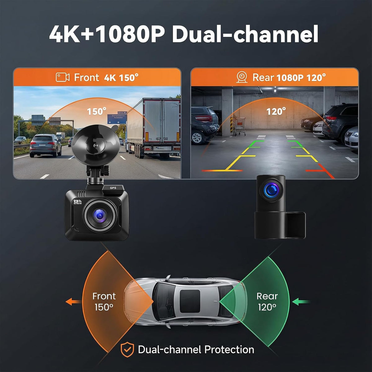 4K Dash Cam Front and Rear,WiFi with App Dash Camera for Cars Built-in GPS Night Vision Wide Angle 2.4" IPS Screen, Loop Recording, 24H Parking Monitor