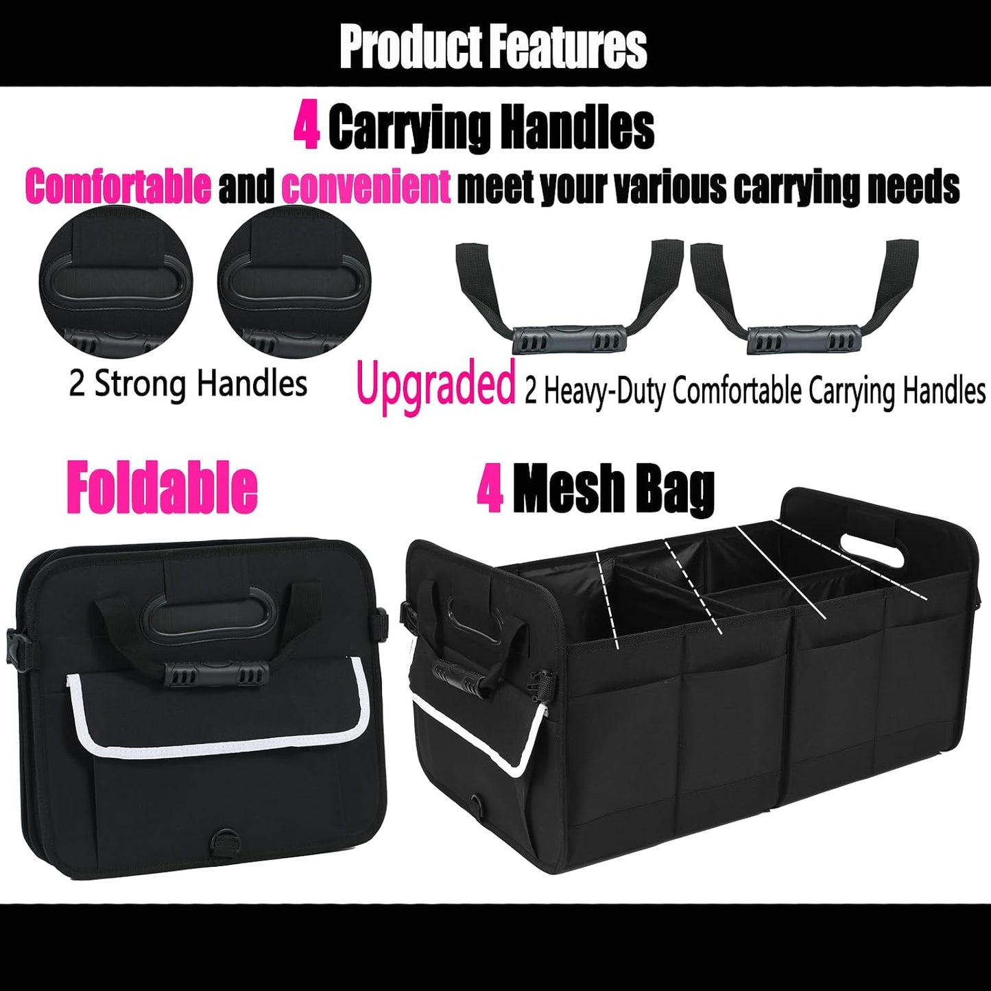 titiyiof Trunk Organizer for SUV & Sedan, Car Organizers and Storage, Waterproof Collapsible & Adjustable Straps, 70L Sturdy Car Organization for Car Accessories, Tools, Sundries (Black B, Large-A)