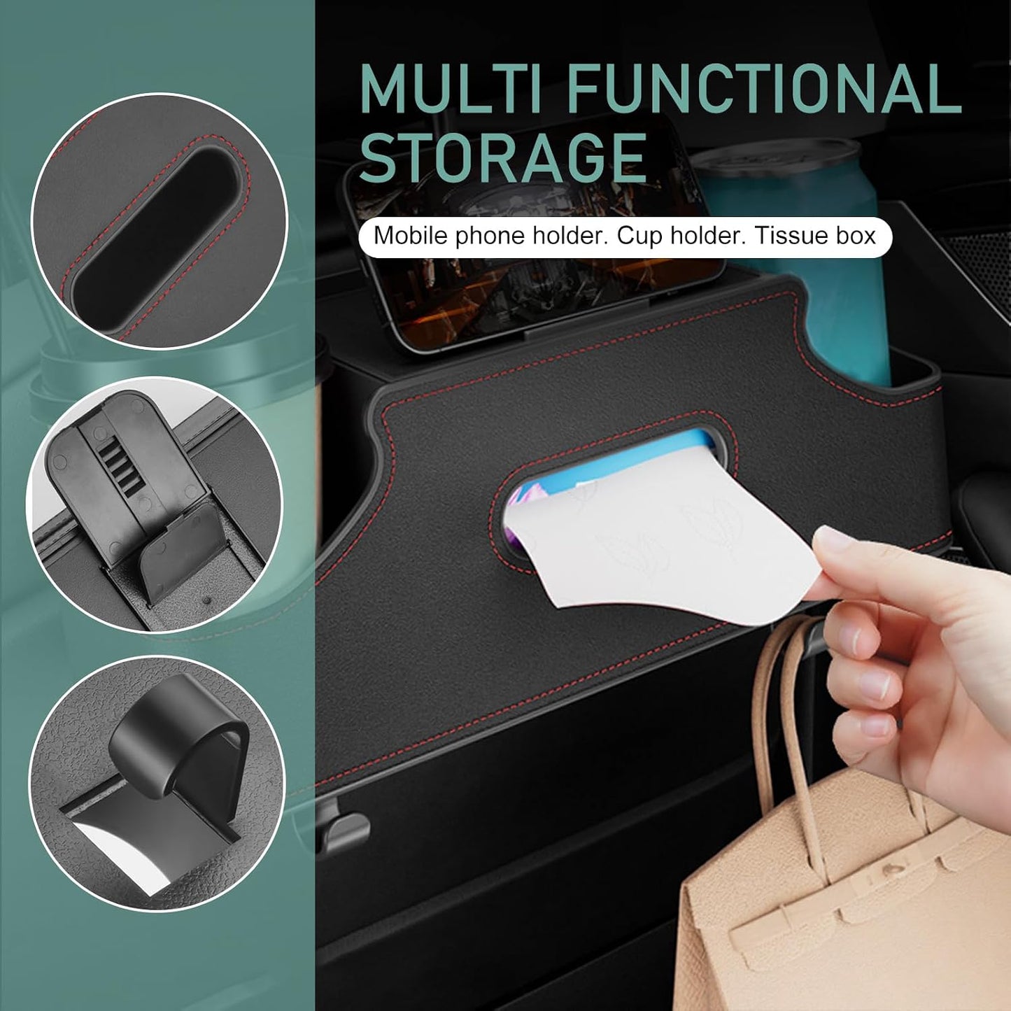 Car Seatback Organizer with Cup Holder, Leather Headseat Tissue Box and Storage Box, Multifunction Auto Rear-mounted Mobile Phone Holder, for Most Cars (Black)
