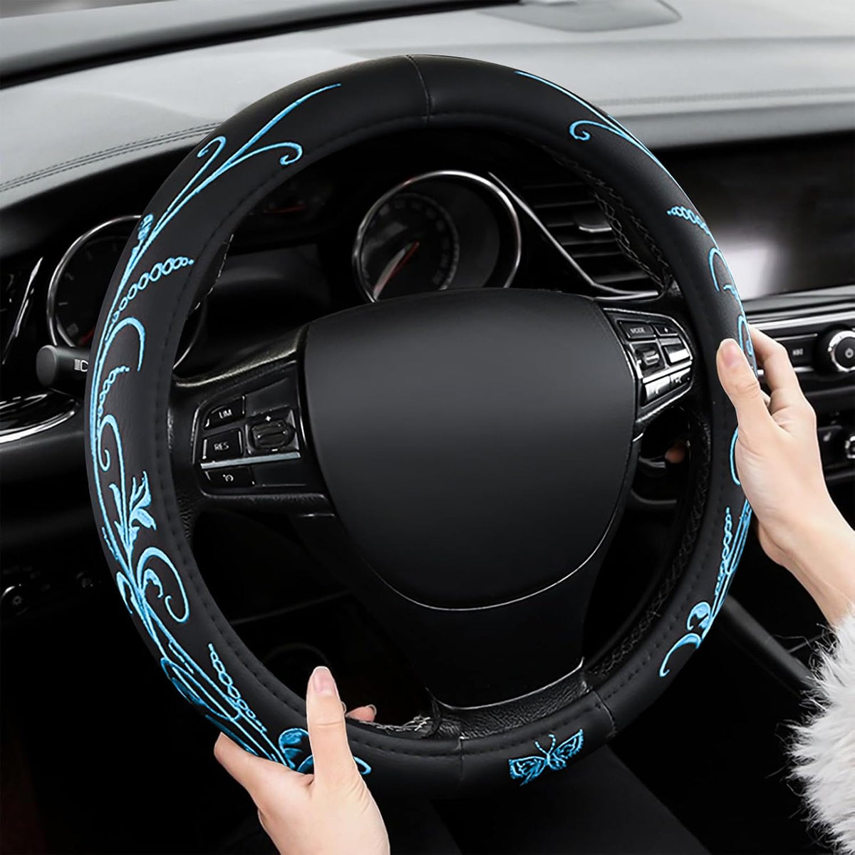 Car Leather Steering Wheel Cover - Panapi Material, Universal 14.5-15 Inch Leather Anti-Slip Breathable Auto Steering Wheel Covers for Men Women (Embroidery-Blue)