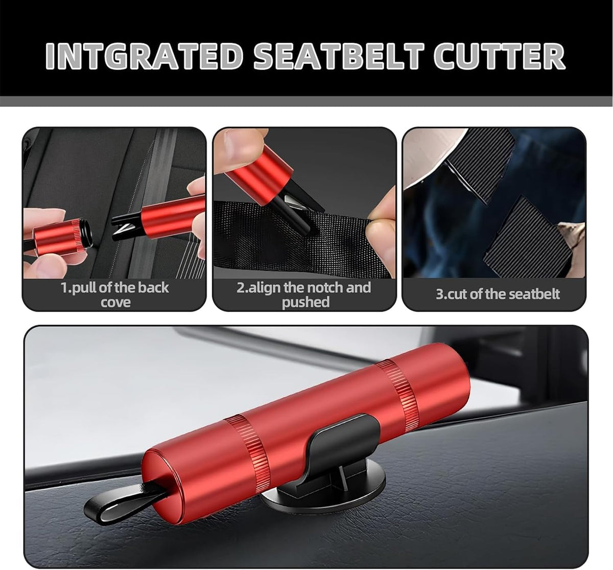 2 Pack Emergency Escape Tool, 2-in-1 Seatbelt Cutter & Window Breaker Hammer with Base, Glass Test Sheet & Whistles - Aluminum Alloy+ABS+Steel for Car, Truck, Bus, Vehicle Emergency Kit