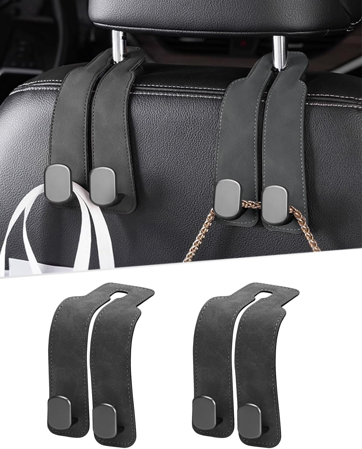 2 Pcs Car Hooks for Headrest, Adjustable Vehicle Seat Back Car Organizers and Storage Accessories, Universal Fit Double Metal Leather Purse Holder for Car (Grey)