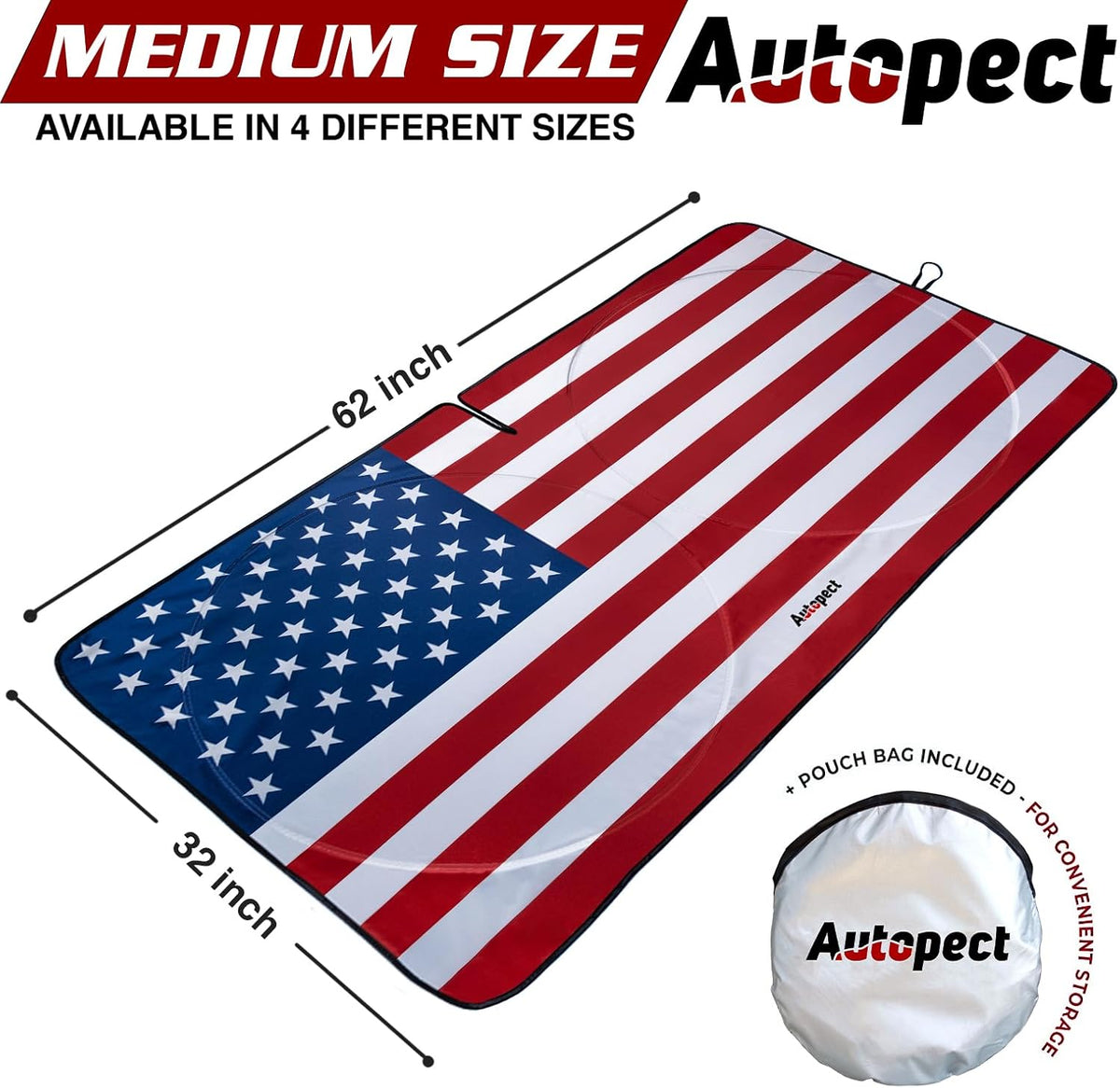 Autopect Windshield Sun Shade - American Flag Design, High-Resolution Sun Visor for Car, Truck, SUV with Mirror Cut-Out for Interior Sun Protection, Foldable Car Sun Shade (Original, Medium)