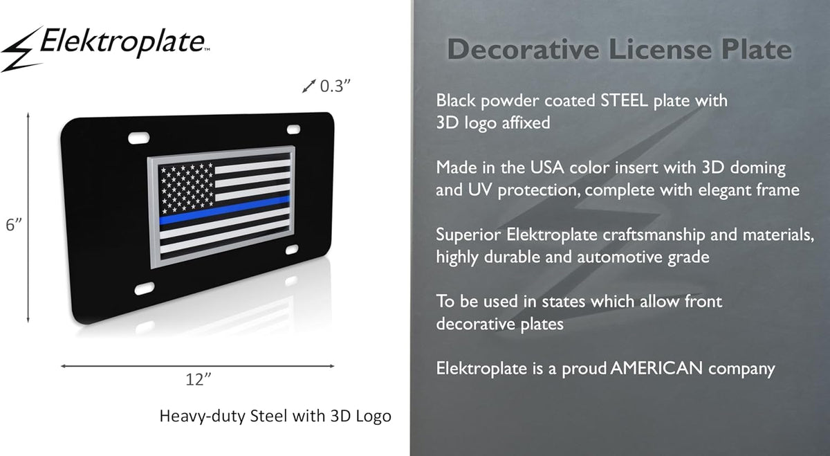 Elektroplate Police Thin Blue Line USA Flag All-Metal Black Decorative Front Plate with 3D Emblem | Weatherproof Automotive Accessory for Cars, SUVs, Trucks (12" x 6")