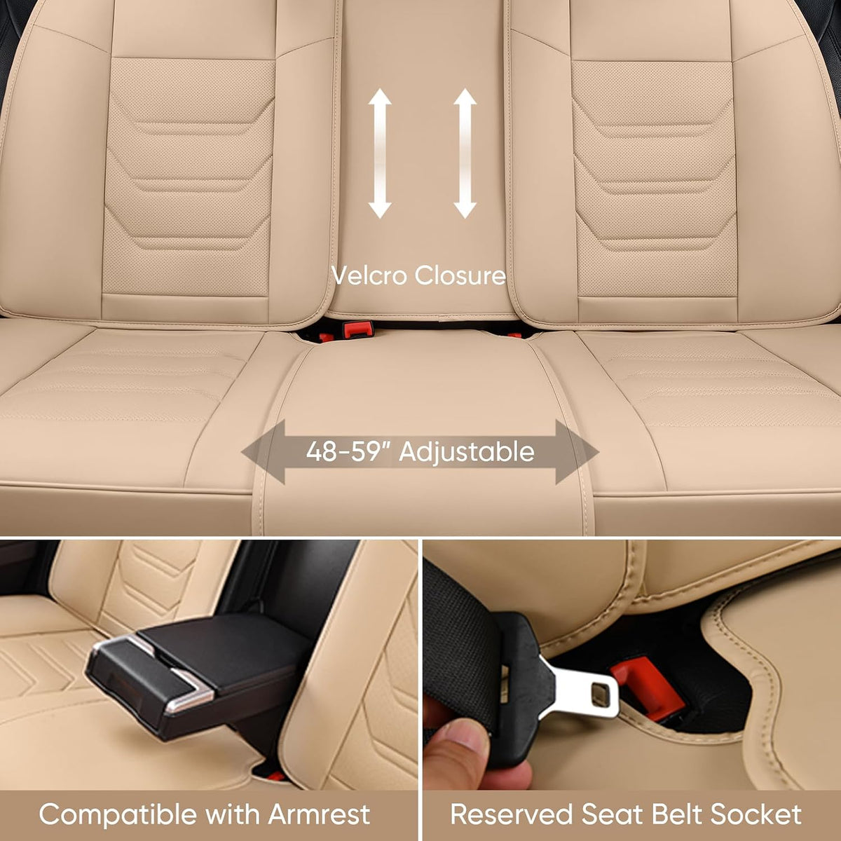 TIEHESYT Beige Car Seat Covers Full Set, Breathable Leather Automotive Front and Rear Seat Covers & Headrest, Automotive Seat Cover, Compatible with Most Cars Sedans SUV Pickup Trucks
