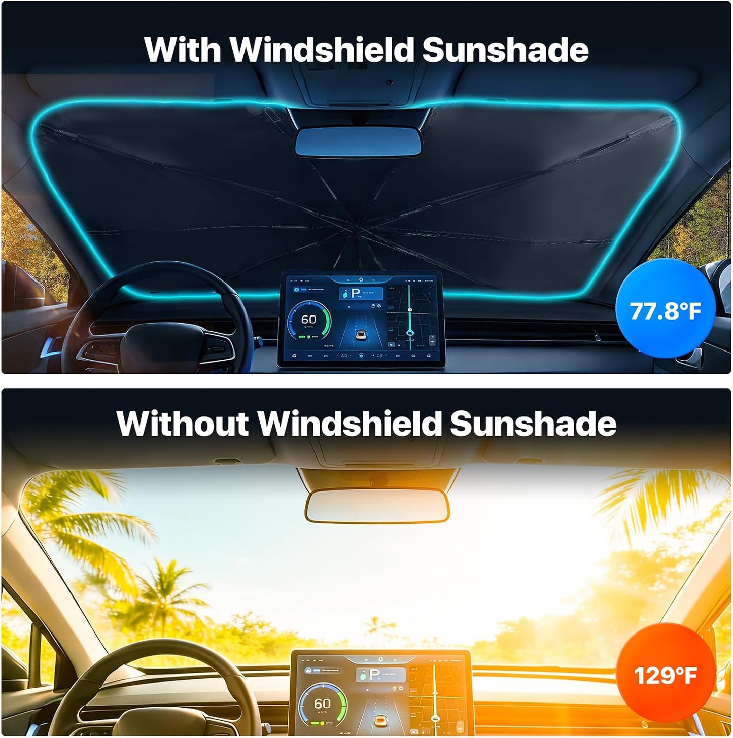 Windshield Sun Shade Umbrella - Protect Car from Sun Rays & Heat Damage Keep Cool & Protect Interior (56" L x 31" W)