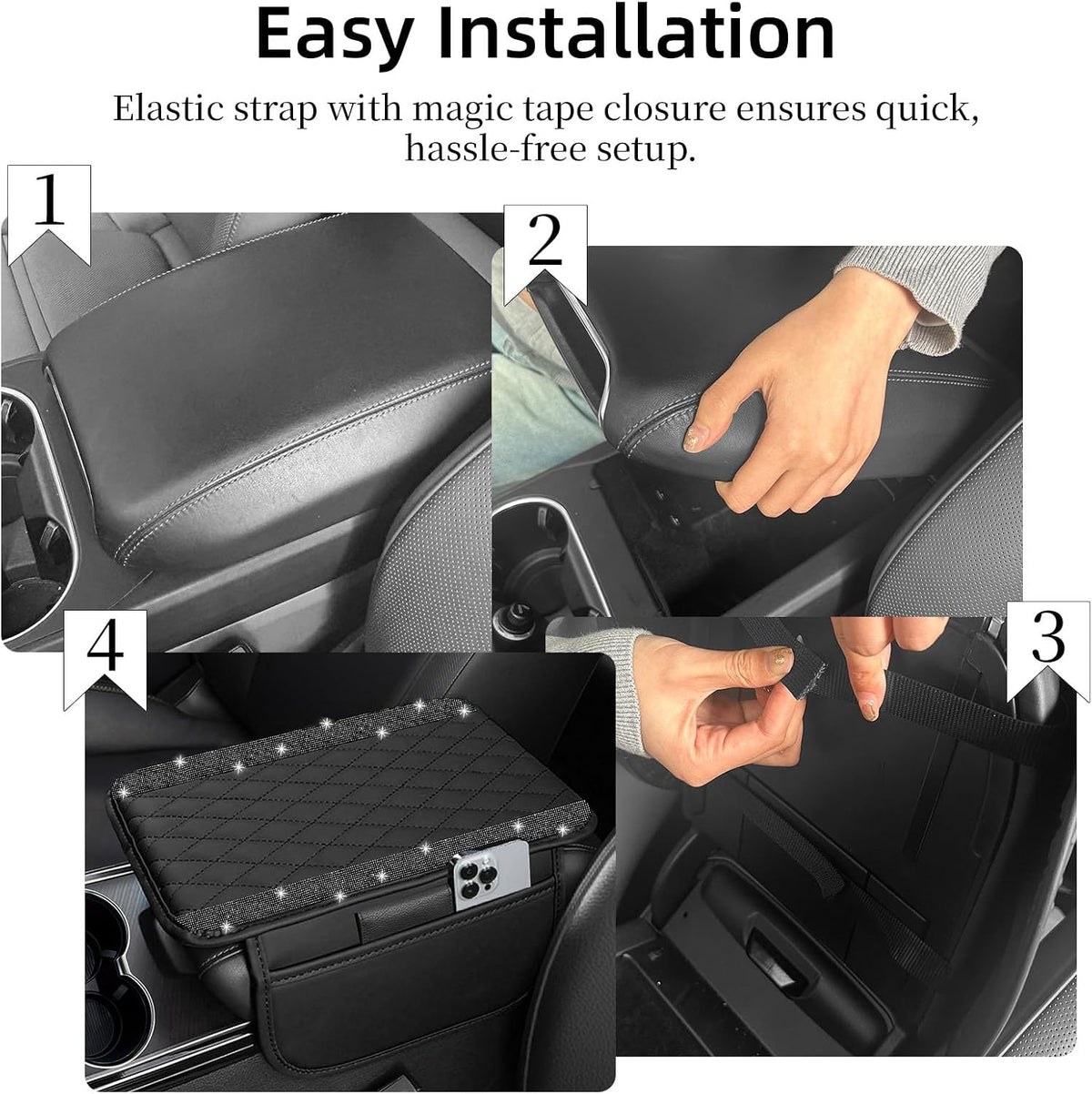 NBTEPEM Bling Car Center Console Cover, Leather Car Arm Rest Cover Cushion with 2 Storage Bags, Middle Console Cover Universal Armrest Protector Pads, Bling Accessories for Most Vehicles (Black)
