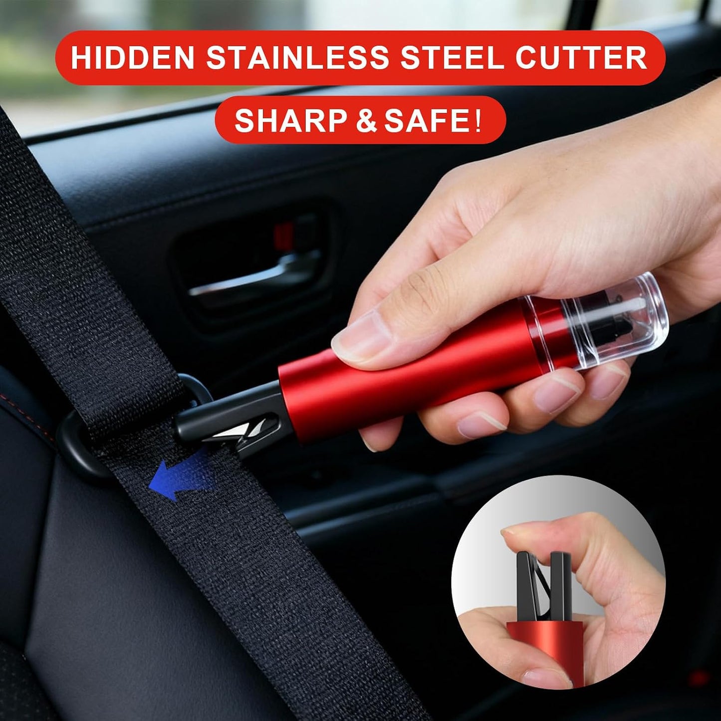 Window Breaker Seatbelt Cutter, 2-in-1 Car Glass Window Breaker Tool, Safety Hammer with Test Glass, Spring Loaded Emergency Escape Hammer for Sinking Cars, Flood Rescue 4PCS (Red)