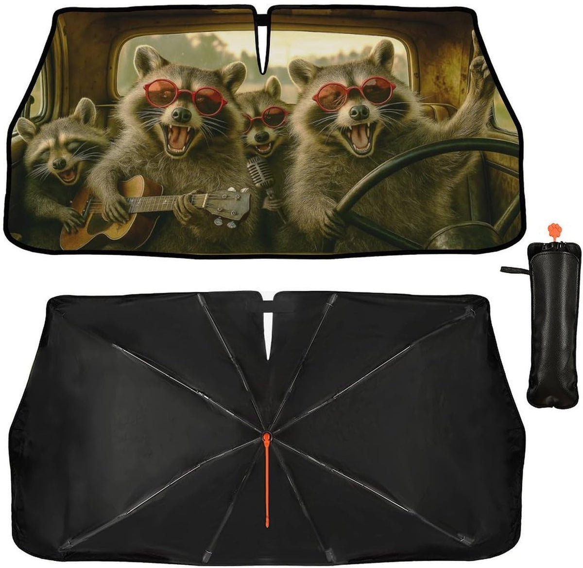 Funny Raccoon Car Windshield Sun Shade Umbrella Bendable Handle Foldable Animal Print Sunshade for Car Windshield Block UV Rays Keep Vehicle Cool for Most Sedans SUV Trucks Cars 57"x30"