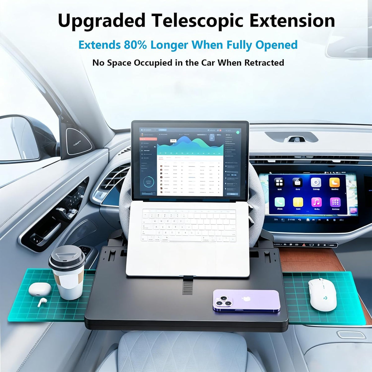 Steering Wheel Tray, 80% Extra-Large Telescoping Car Desk for Laptop, Multi-Functional Car Table for Eating & Working, Portable Car Desk, Compatible with Most Cars, SUVs, Trucks