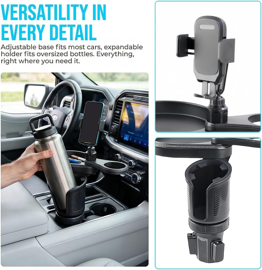Car Cup Holder Tray, 3 in 1 Multifunctional Vehicle Food Water Bottle Phone Holder Expander Adapter with Adjustable Base, Detachable Auto Interior Food Tray Table, Universal Fit (Black)