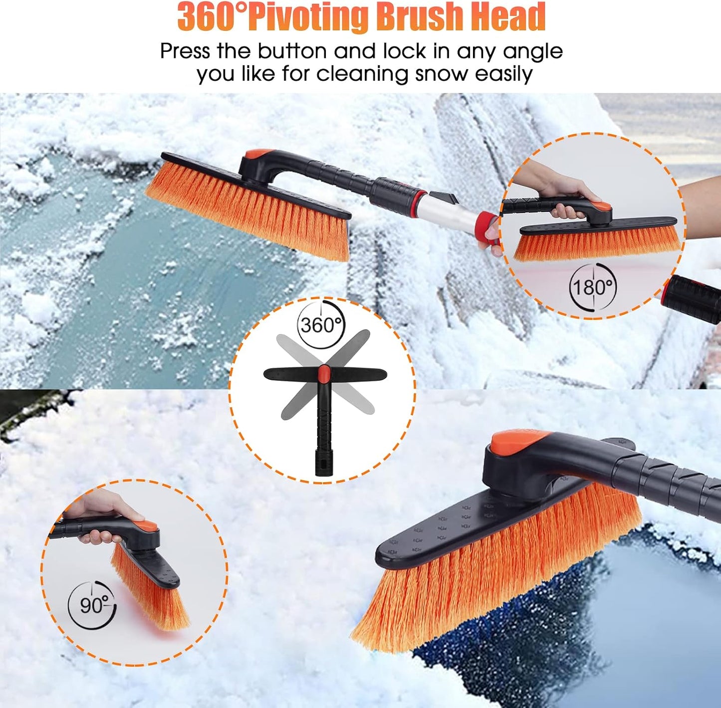 62.4" Snow Brush - Ice Scrapers for Car Windshield, 360°Pivoting Brush Head, Comfortable Foam Grip, Extendable Snow Removal Car Brush for Trucks SUVs, Essential Winter Tool