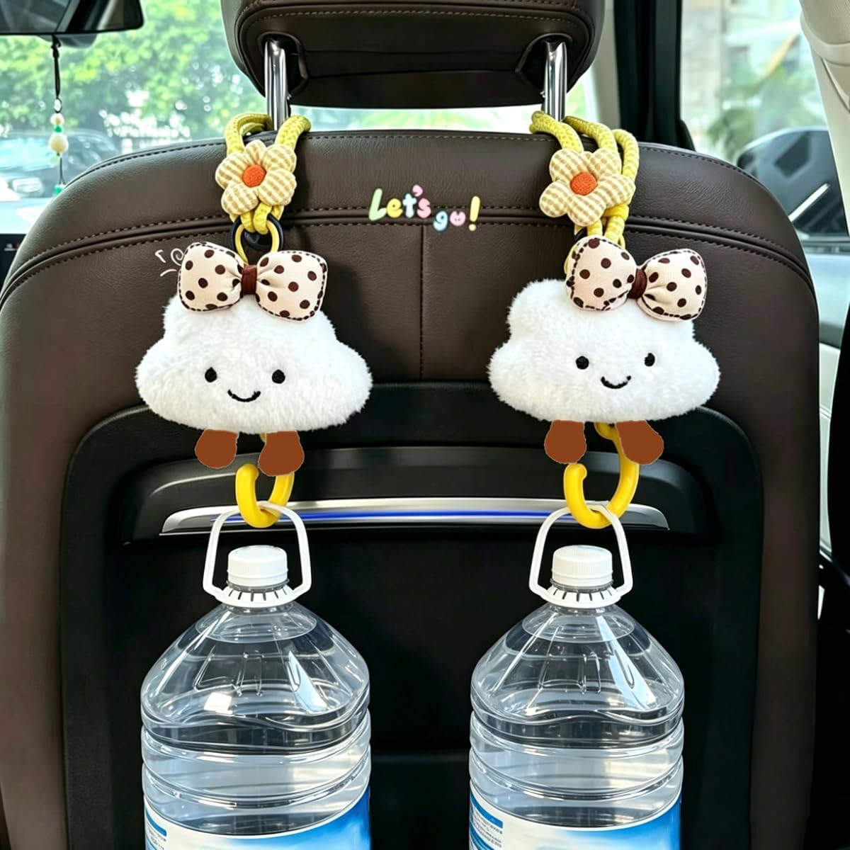 2 Pack Cute Car Headrest Hooks 360° Rotating Adjustable Length, Seat Decorative Hanger for Handbags Shopping Bags(Bow Cloud)
