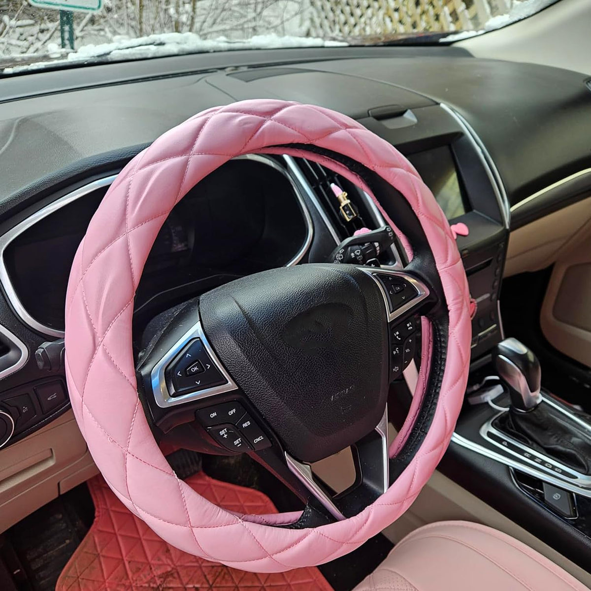 YHONGJT Soft Microfiber Leather Steering Wheel Cover, Universal 15 Inch for Women Girls, Fit Vehicles, Sedans, SUVs, Vans, Trucks - Light Pink
